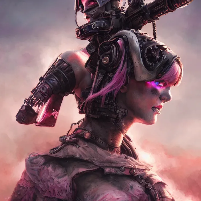 Image similar to beautiful apocalyptic woman with pink Mohawk, standing on mad max panzer tank, epic, smooth, sharp focus, 4k ultra hd, fantasy dark art, tank girl, artgerm, artstation, octane render, elegant, detailed digital painting