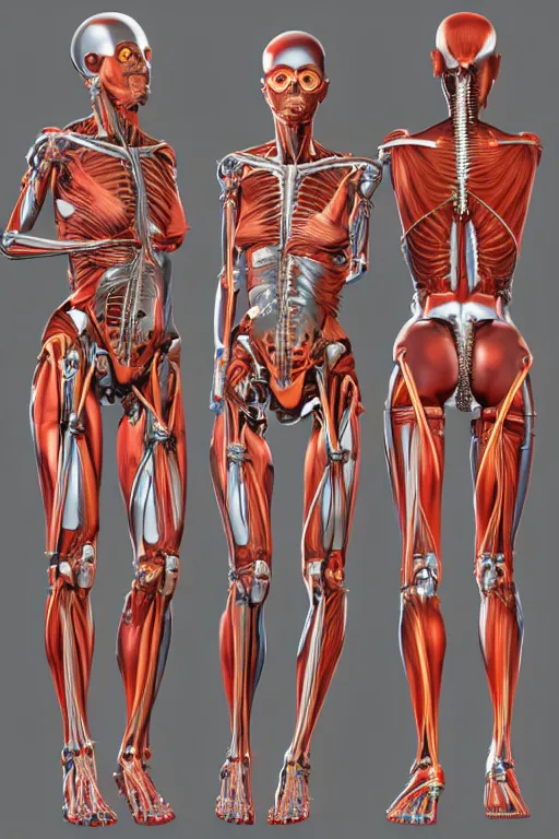 Prompt: full body female human anatomy concept, chrome, cyborg, medical anatomy, cybernetic implants, muscular system reference, monkey arms, digital art, in the style of ruben alba, aaron sims, amanda lilleston, luka mivsek, bryan christie, ranjit ghosh, artstation, pinterest, deviantart, photoshop, zbrush, unreal engine