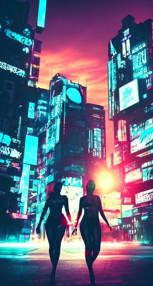 Image similar to sunset, cyberpunk women, city, neon lights, glow, atmospheric, cinematic, retrowave style,