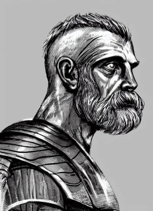 Prompt: close up concept art of an ancient greek general, by robert kirkman