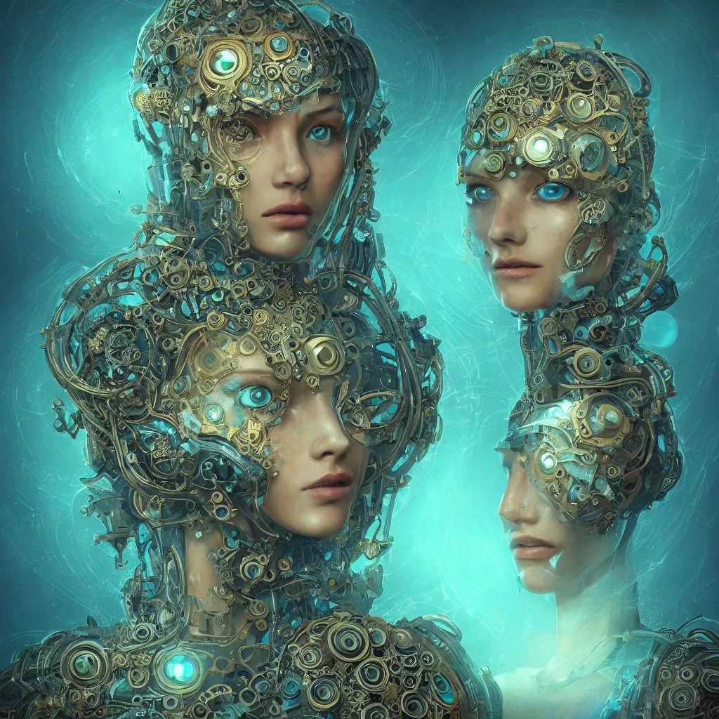 Image similar to beautiful symmetrical face portrait android woman time machine axonometric mechanical fantasy intricate elegant highly detailed in volumetric void of latent space lush flowers intricate jewellery, realm of the gods golden turquoise steampunk, axonometric high contrast cinematic light, mystical shadows, digital painting, sharp focus, octane render, photographic, concept art, artist leonardo davinci, unreal engine 8 k