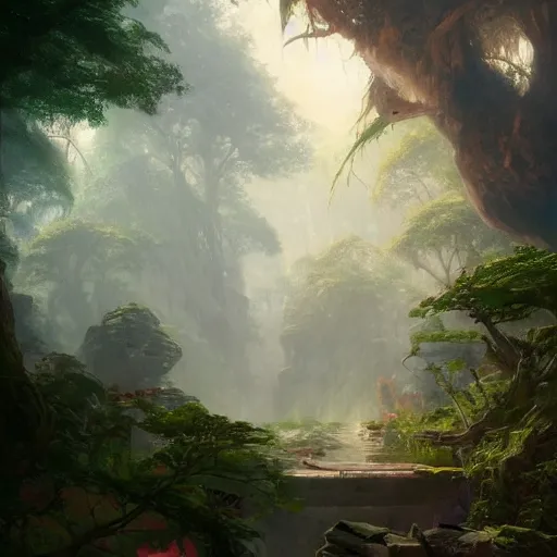 Image similar to concept art of a jungle path leading to tree of life, religious, in the style of fenghua zhong and ruan jia and jeremy lipking and peter mohrbacher, mystical colors, rim light, beautiful lighting, 8 k, stunning scene, raytracing, octane, trending on artstation