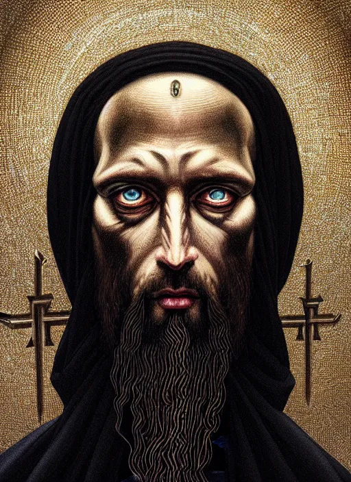 Image similar to hyper detailed ultra sharp orthodox evil jesus icon, enigmatic, angry man, piercing gaze, trending on artstation, byzantine aesthetic, doom, religious, sinister, ornate, intricate, digital painting, concept art, smooth, sharp focus, illustration, art by josan gonzalez, greg rutkowski, killian eng and zdizslaw beksinski