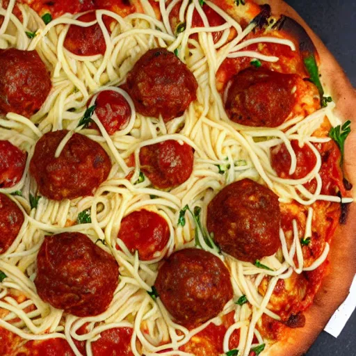 Image similar to a delicious meatball pizza with crust made of semolina spaghetti.