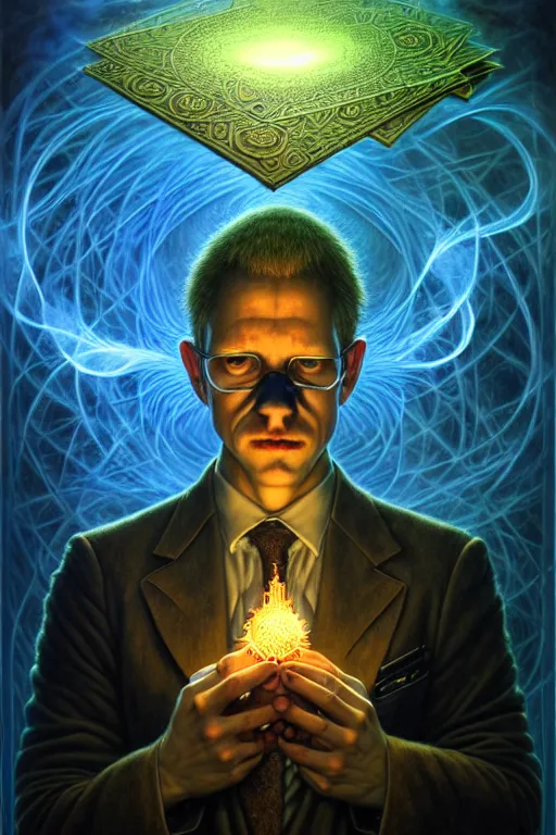 Prompt: The Network Admin, tarot card, by tomasz alen kopera and Justin Gerard, computer, short hair, business suit, clipboard, symmetrical features, ominous, magical realism, texture, intricate, ornate, royally decorated, whirling blue smoke, embers, radiant colors, fantasy, trending on artstation, volumetric lighting, micro details, 3d sculpture, ray tracing, 8k, anaglyph effect