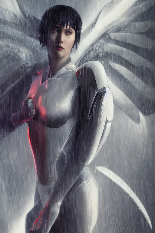 Image similar to white arc-angel with mystic robotic wings, blade runner, akira, ghost in the shell, 2077, ultra detailed, digital art, 8k ,character ,realistic, portrait, hyperrealistic