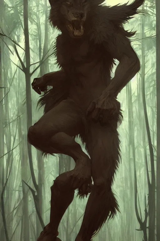 Image similar to fullbody portrait of a male werewolf, bared teeth, long claws, by greg rutkowski and alphonse mucha, gradient brown to silver, in front of a forest at night background, highly detailed portrait, digital painting, artstation, concept art, smooth, sharp focus illustration