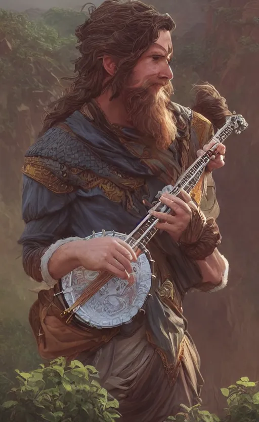 Prompt: male bard, playing the banjo, ruins landscape, d & d, fantasy, intricate, highly detailed, digital painting, artstation, octane render, concept art, matte, sharp focus, illustration, hearthstone, art by artgerm and greg rutkowski and alphonse mucha