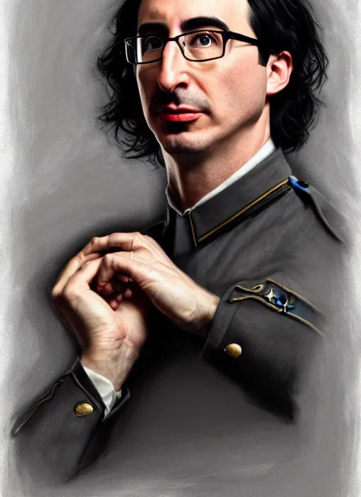 Image similar to a portrait of john oliver clutching a portrait of adam driver, military uniform, fantasy, intricate, elegant, beautiful, highly detailed, charcoal, centered, dark, smokey, digital painting, artstation, concept art, smooth, sharp focus, illustration, art by artgerm and greg rutkowski and alphonse mucha