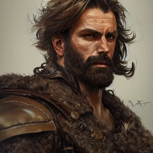 Prompt: portrait of a rugged ranger, coherent hands, handsome, muscular, full body, leather, hairy torso, d & d, fantasy, intricate, elegant, highly detailed, digital painting, artstation, concept art, smooth, sharp focus, illustration, art by artgerm and greg rutkowski and alphonse mucha