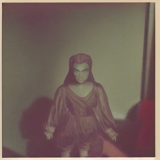 Image similar to coloured atmospheric polaroid 1 9 9 8 photo of a realistic wraith transparent smoky figure in a interior of living room low light