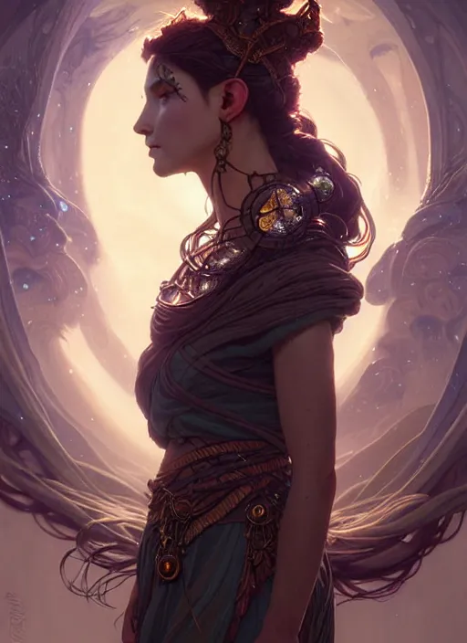 Image similar to a beautiful cinematic female druid goddess, galatic shamen with Quantum energy fantasy, fantasy magic, undercut hairstyle, dark light night, intricate, elegant, sharp focus, illustration, highly detailed, digital painting, concept art, matte, art by WLOP and Artgerm and Greg Rutkowski and Alphonse Mucha, masterpiece