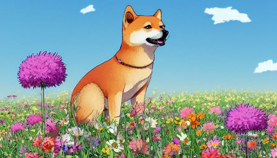 Prompt: a shiba inu standing on a field of flowers, studio ghibli, digital art, illustration, detailed, front page of artstation, sharp focus