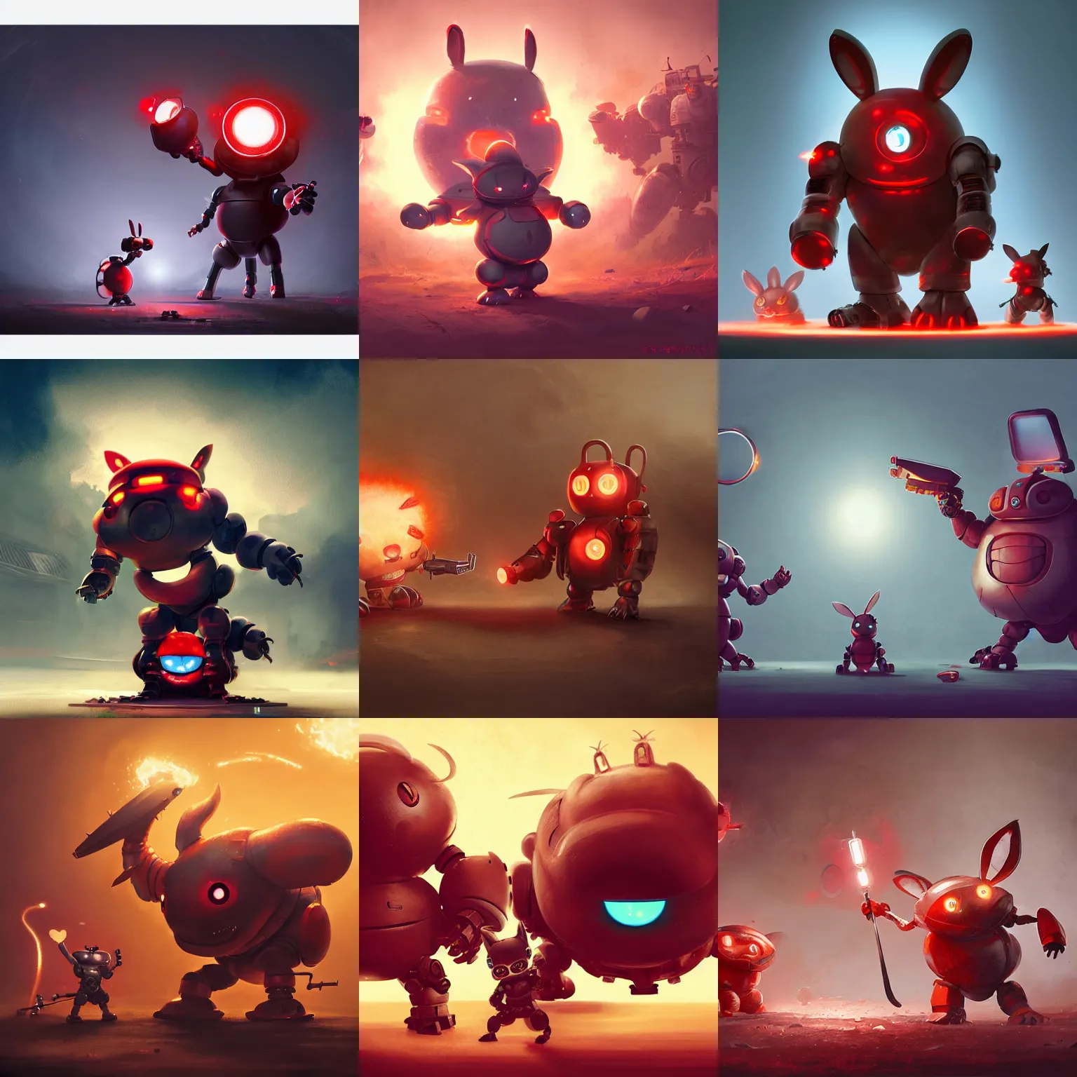 Prompt: sideview of cute chubby dangerous angry 3 years old robots childs in battle pose ruling the world with big glowing red eyes and big rabbit ears , big complex belly mechanism , studio light, retro design by greg rutkowski