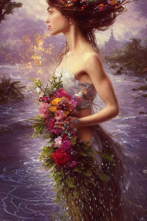 Image similar to portrait of a beautiful mysterious woman holding a bouquet of flowing flowers, wet dripping long hair, hands hidden under the bouquet, emerging from the water, fantasy, regal, intricate, by stanley artgerm lau, greg rutkowski, thomas kindkade, alphonse mucha, loish, norman rockwell