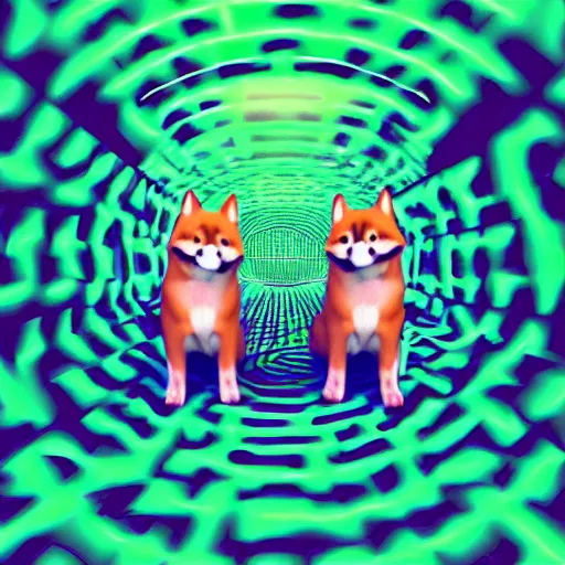 Image similar to two shiba inu in the psychedelic baroque dmt fourth dimensional tunnel, octane 3 d render