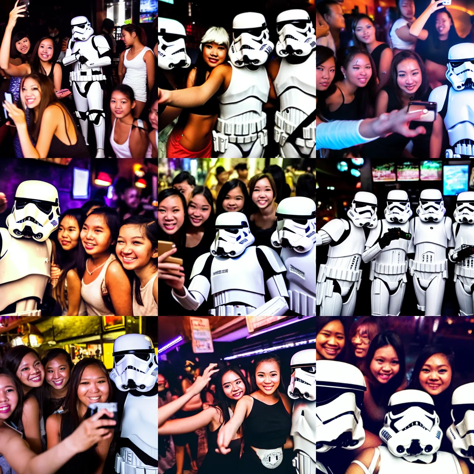 Prompt: storm trooper taking a selfie with a group of girls at a bar in bangkok thailand at night