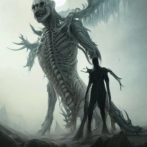 Prompt: a beautiful terrifying immense pale humanoid giant looms over a tiny human. ethereal horror fantasy art by artgerm and greg rutkowski and hr giger