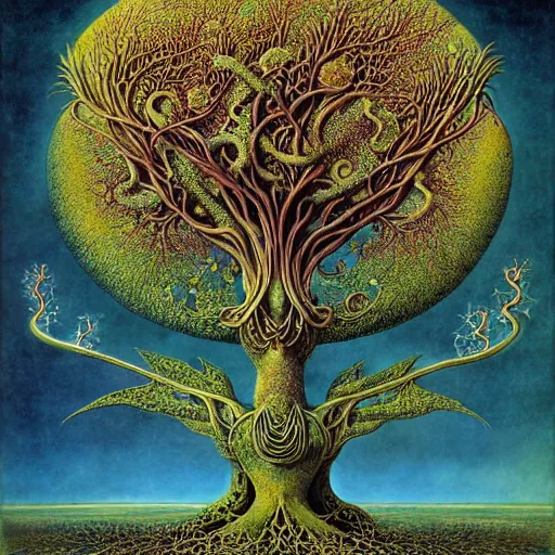 Image similar to sacred mulberry tree by roger dean and andrew ferez, art forms of nature by ernst haeckel, divine chaos engine, symbolist, visionary, art nouveau, botanical fractal structures, tree of life, lightning, detailed, realistic, surreality, lichtenberg figure