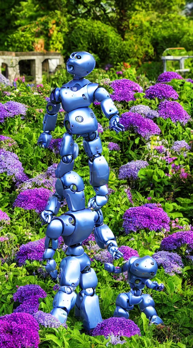 Prompt: toy humanoid robot in a garden, hyper detailed, sharp focus, bokeh, unreal engine, ray tracing, cute, fantasy, sci fi, purple flowers, blue flowers, violet flowers, glowing flowers, tiny, small, hyper realistic, sky