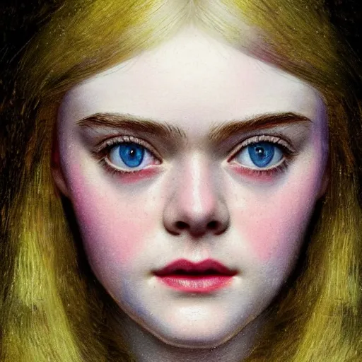 Prompt: professional painting of Elle Fanning in the style of John Atkinson Grimshaw, head and shoulders portrait, symmetrical facial features, smooth, sharp focus, illustration, intricate, stormy weather, extremely detailed masterpiece,