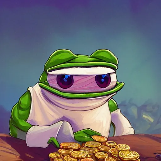 Image similar to super rich happy pepe, coins, gold, crystals, greg rutkowski