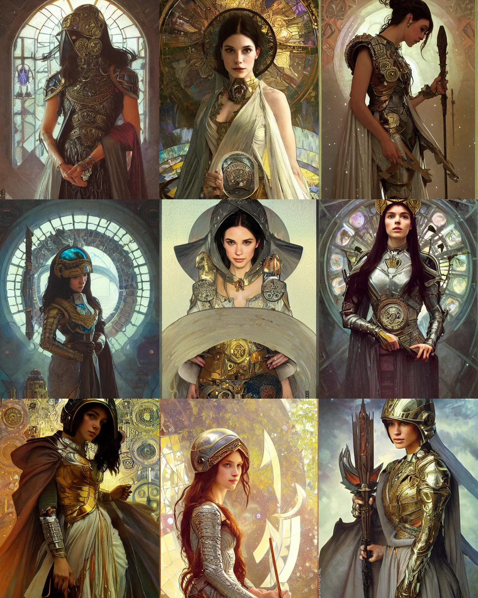 Prompt: portrait of meghan, armor, helmet, gray robes, runes, jewelry, mystical, ethereal, magical library bokeh, painting by greg rutkowski and alphonse mucha