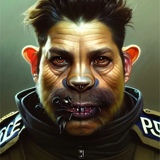 Image similar to portrait painting of a friendly bugbear police officer, ultra realistic, concept art, intricate details, eerie, highly detailed, photorealistic, octane render, 8 k, unreal engine. art by artgerm and greg rutkowski and magali villeneuve and alphonse mucha