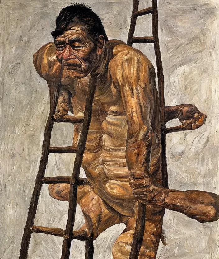 Image similar to indigenous man going up a ladder, painted by lucian freud, hd, super detailed, realistic, muted colors