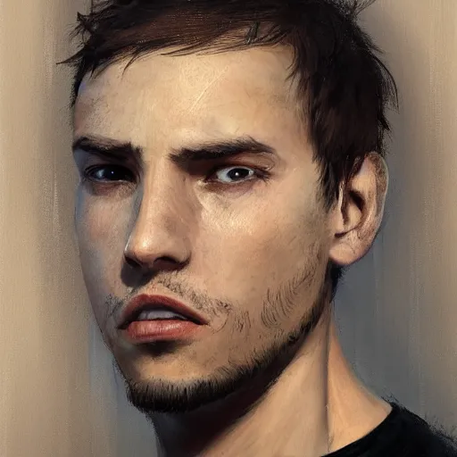 Image similar to Portrait of a man by Greg Rutkowski, he is about 20 years old, mixture between french ans spanish, short brown hair with bangs, attractive, wide forehead, sturdy, he is horrified and resigned looking at the computer screen knowing the schedule for the second semester, he is wearing a black t-shirt, highly detailed portrait, digital painting, artstation, concept art, smooth, sharp foccus ilustration, Artstation HQ