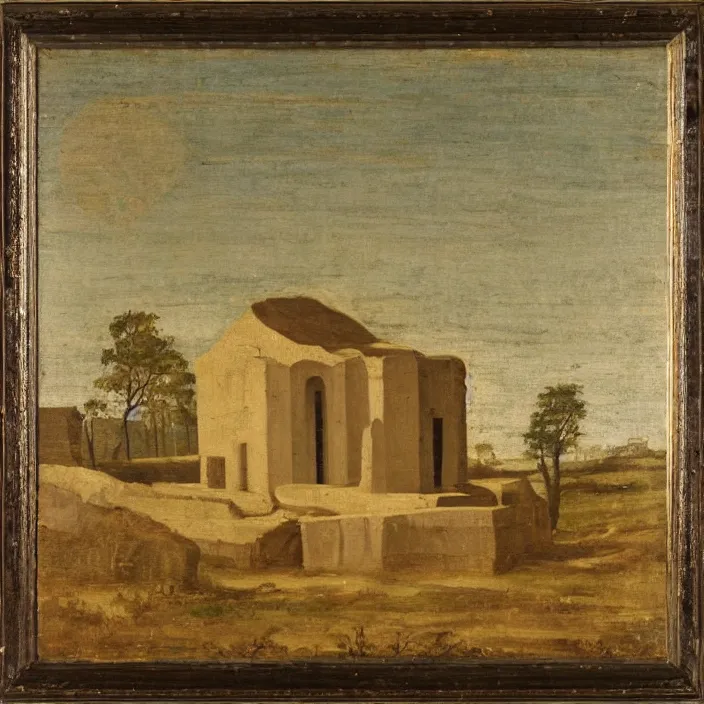 Image similar to a building in a serene landscape, early christian painting