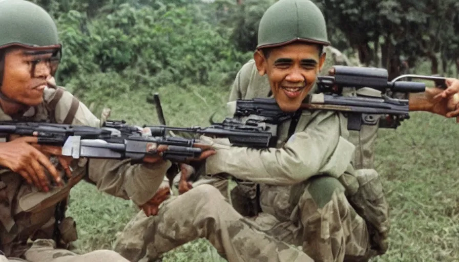 Image similar to obama fighting the war in vietnam with a rifle