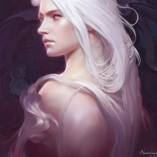 Image similar to god and goddess, white hair, long hair, gorgeous, amazing, elegant, intricate, highly detailed, digital painting, artstation, concept art, sharp focus, illustration, art by artgerm and greg rutkowski and alphonse mucha