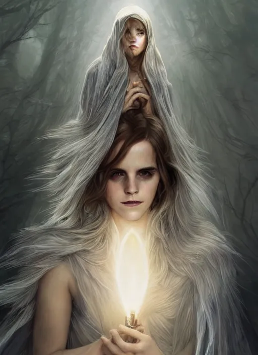 Image similar to Portrait of Emma Watson, white glowing eyes, silver shaggy hair, cloak, ethereal wings, male, fantasy, extremely detailed, digital painting, artstation, concept art, smooth, sharp focus, illustration, stunning lighting, art by artgerm and greg rutkowski and alphonse mucha and simon stalenhag, realistic character concept, high fantasy, light atmosphere, golden ratio, cinematic lighting, hyperdetailed, high resolution, insanely detailed and intricate, artstation, Marc Simonetti, Greg Rutkowski, 8k