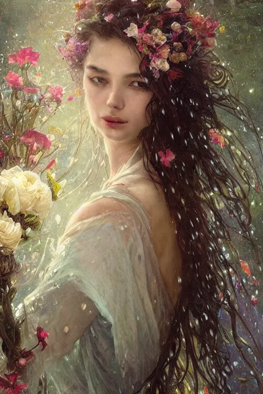 Image similar to portrait of a beautiful mysterious drenched woman holding a bouquet of flowing flowers, drenched clothing, wet dripping long hair, hands hidden under the bouquet, emerging from the water, fantasy, regal, intricate, by stanley artgerm lau, greg rutkowski, thomas kindkade, alphonse mucha, loish, norman rockwell