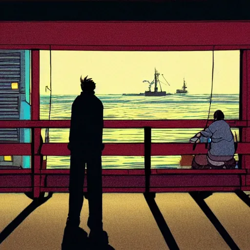 Prompt: Person leaning on a wooden fence looking out at a seaside town from a ship, anime, by Katsuhiro Otomo, highly detailed, city, nighttime