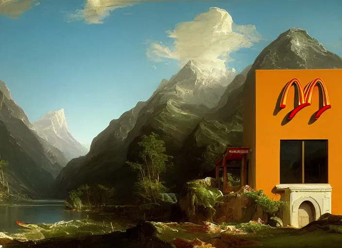 Image similar to painting of a mcdonalds restaurant in front of beautiful mountains by thomas cole