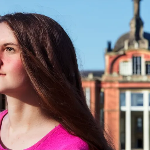 Image similar to A young woman with long brown hair and a pink top, headshot, with the top of Royal Holloway Building in the background, realistic photo