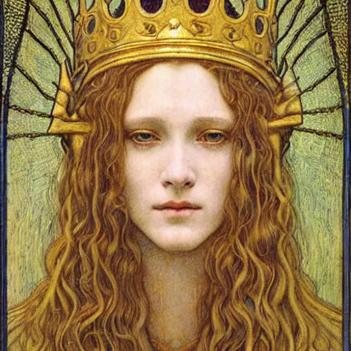 Image similar to detailed realistic beautiful young medieval queen face portrait by jean delville and tony diterlizzi, art nouveau, symbolist, visionary, gothic, pre - raphaelite