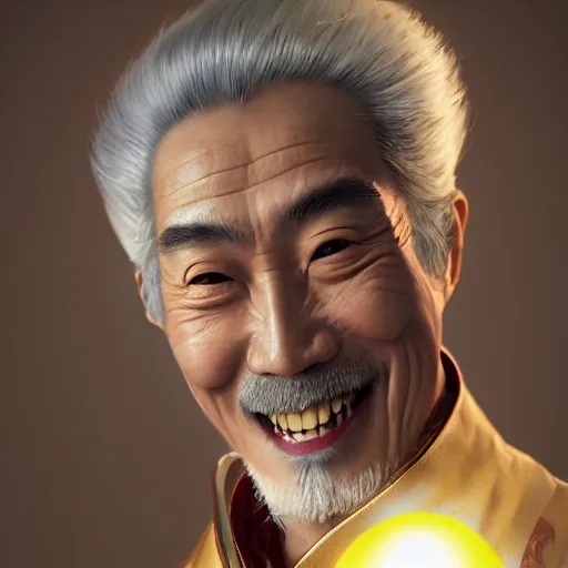 Image similar to portrait painting of a 6 0 year old kind smile handsome chinese taoist priest, like zun long, silver ponytail hair, amiable by wenjun lin, irakli nadar, bright colors, octopath traveler, wenjun lin, unreal engine 5 highly rendered, global illumination, radiant light, detailed and intricate environment