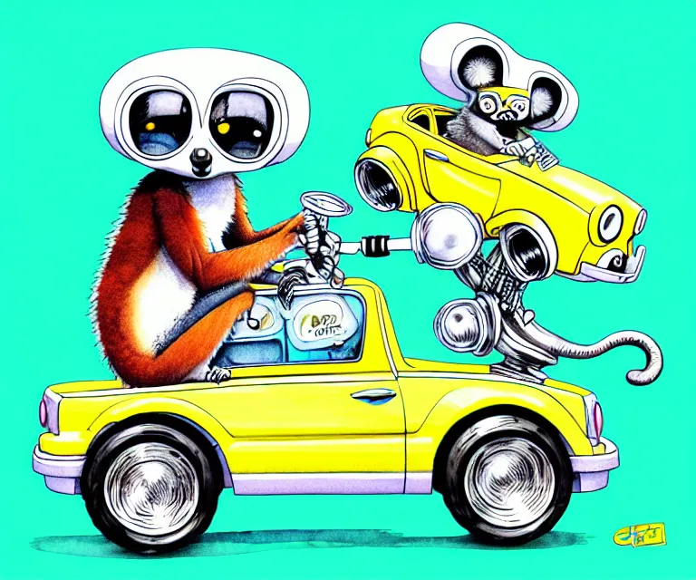 Prompt: cute and funny, lemur wearing a helmet riding in a tiny hot rod with oversized engine, ratfink style by ed roth, centered award winning watercolor pen illustration, isometric illustration by chihiro iwasaki, edited by range murata, tiny details by artgerm, symmetrically isometrically centered