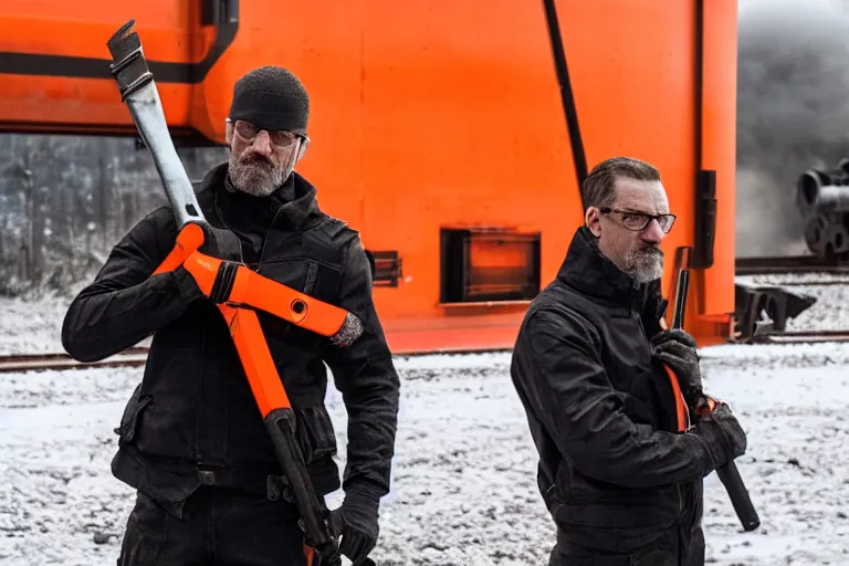 Prompt: vfx movie closeup real life gordon freeman holding wearing futuristic orange and black armor crowbar in russian train yard by emmanuel lubezki