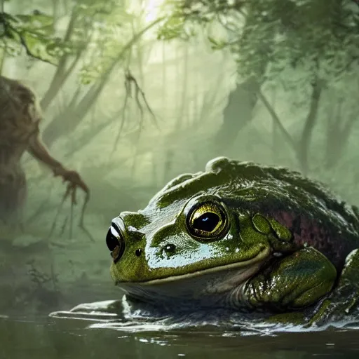 Image similar to giant monster frog in swamp, artwork by greg rutkowski, trending on art station, magic the gathering, 4 k, matte painting