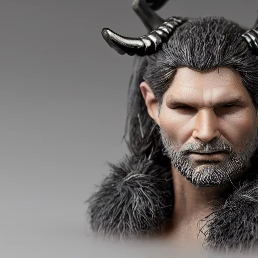 Image similar to of a viking from valhalla, wearing the horned helmet ultra fine detail, hair strands, ultra high resolution, fine texture detail, miniature painting techniques, perfect proportions, marvel cinematic universe, eric bana