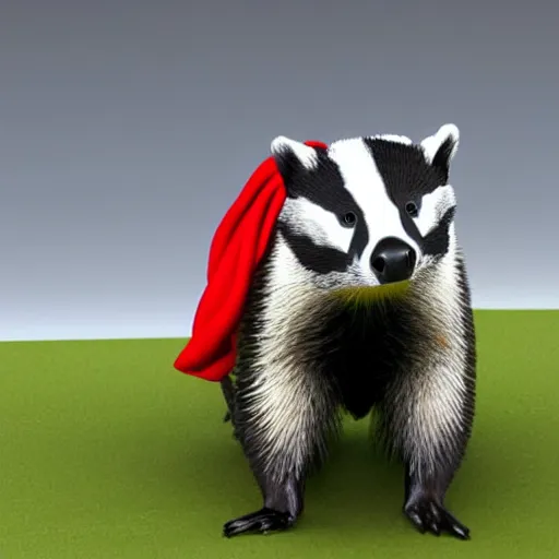 Image similar to a humanoid friendly badger walking on white background towards the camera, he‘s wearing a red neckerchief, digital render