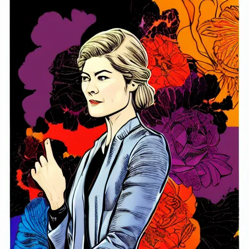 Image similar to rosamund pike as the doctor, dark - hair, wearing a floral pattern suit, bold complementary colours, 2 d matte, graphic novel, art by pepe larraz,