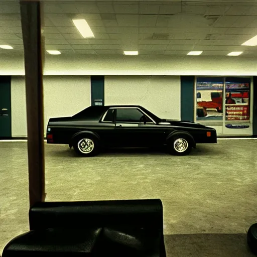 Prompt: 1980 Grand National GNX, inside of an auto dealership, ektachrome photograph, volumetric lighting, f8 aperture, cinematic Eastman 5384 film