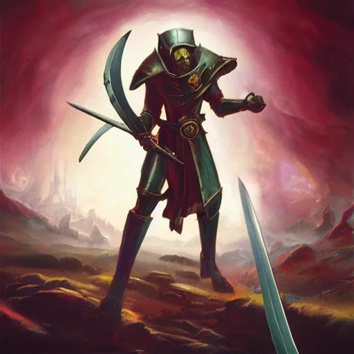 Image similar to a sword raised high, album art, cover art, poster, style of magic the gathering