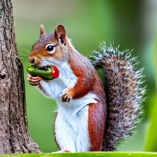 Prompt: a photograph of a Squirrel winces in disgust whilst holding a pepper