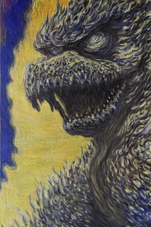 Image similar to shinzo abe face on Godzilla painting by claude monet